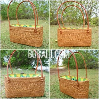 ladies handbag leather handle straw ata grass with lining